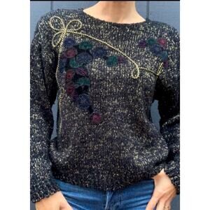 Vintage 80s Knit Floral Applique Metallic Sweater Top SIZE M Retro Gold Casual